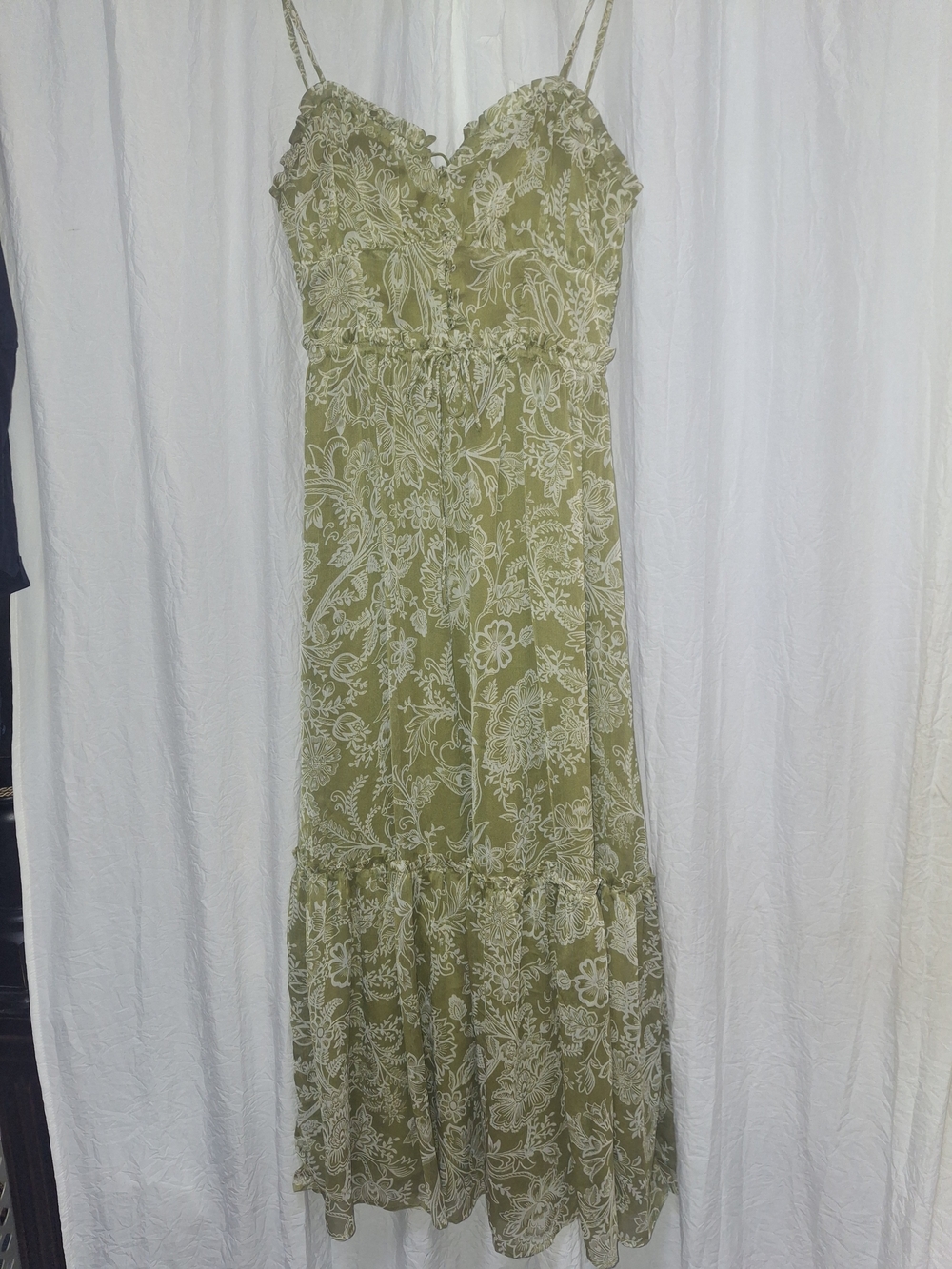 Patrons of Peace Olive & White Floral Spaghetti Strap Maxi Dress